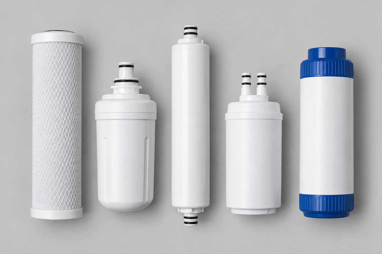 A row of different fridge water filter cartridges of varying shapes laid out side by side